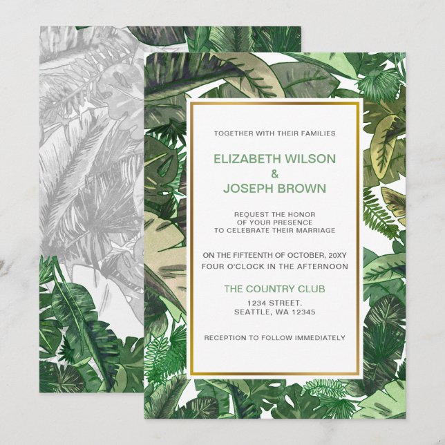 tropical leaves gold  greenery botanical wedding invitation (Front/Back)