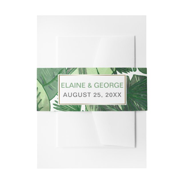 tropical leaves gold  greenery botanical wedding invitation belly band (Front Example)