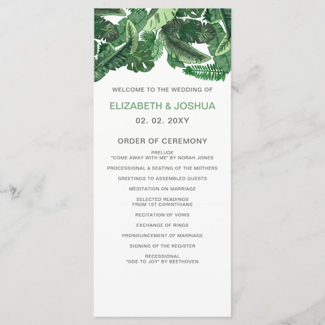 tropical leaves gold  greenery botanical wedding programme (Front)