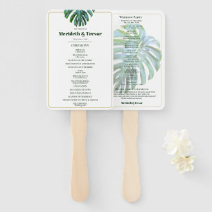 Tropical Leaves Gold Modern Beach Wedding Hand Fan