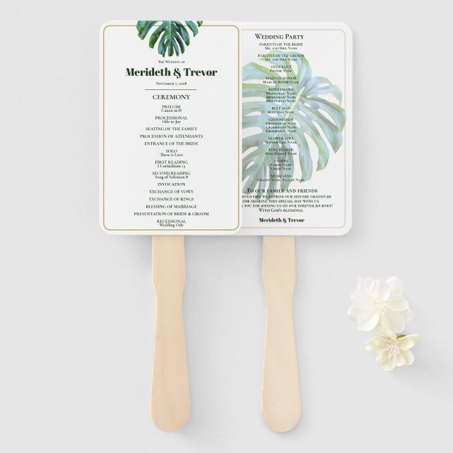 Tropical Leaves Gold Modern Beach Wedding Hand Fan (Front and Back)