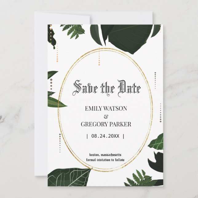 Tropical leaves, gold save the date (Front)