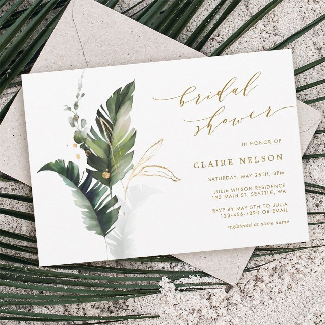 Tropical Leaves Gold Wedding Bridal Shower Invitation (Creator Uploaded)