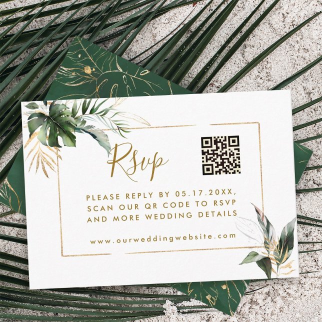 Tropical Leaves Gold Wedding RSVP with QR Code  Enclosure Card (Creator Uploaded)