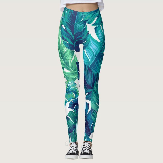 Tropical leaves, graphic design, realistic palms. leggings (Front)