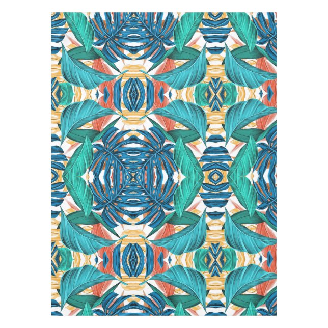 Tropical Leaves green and blue Tablecloth (Front)