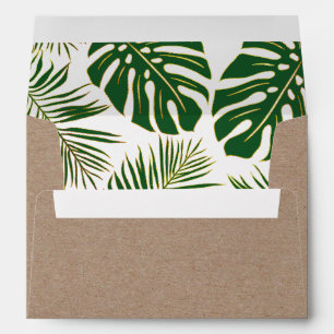 Tropical leaves green and gold rustic wedding envelopes