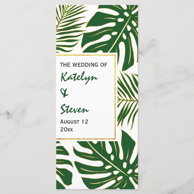 Tropical leaves green and gold wedding program programme (Front)