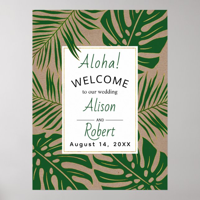 Tropical leaves green and gold wedding welcome poster (Front)