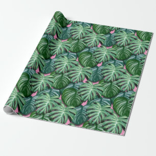 Tropical Leaves Green and Pink Wrapping Paper