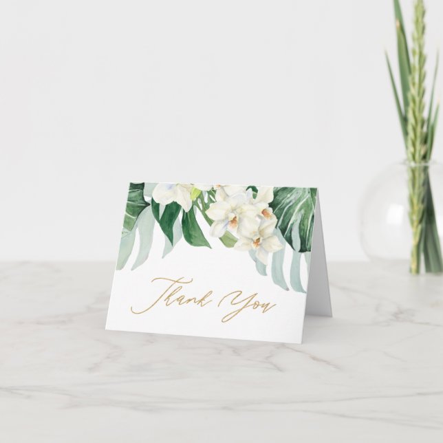Tropical Leaves Green And White Bridal Shower Thank You Card (Front)