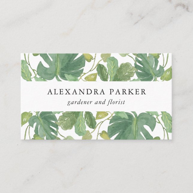 Tropical Leaves | Green and White Business Card (Front)