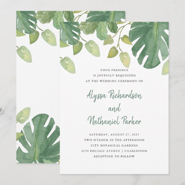 Tropical Leaves | Green and White Wedding Invitation (Front/Back)