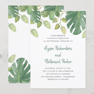 Tropical Leaves Green and White Wedding Invitation