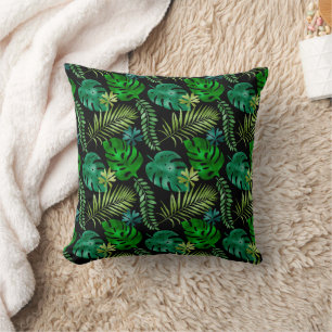 Tropical Leaves Green Black Iridescent Shiny Cushion