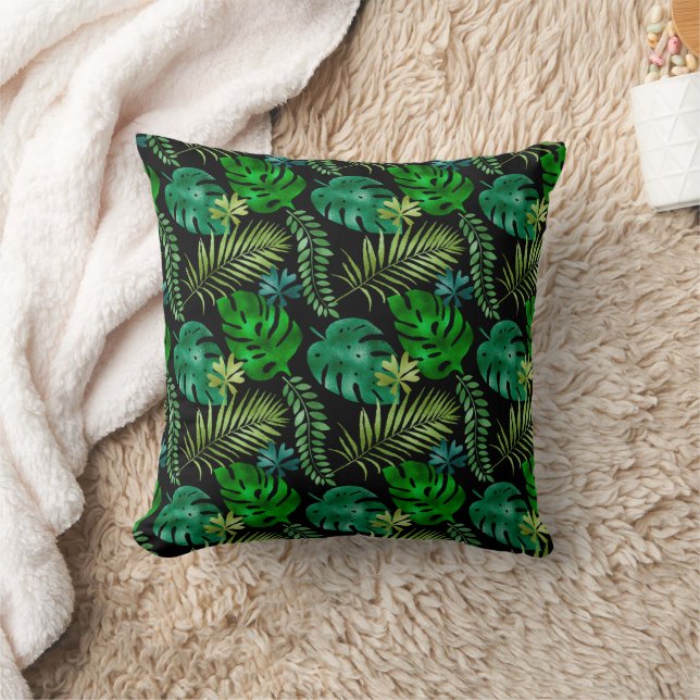 Tropical Leaves Green Black Iridescent Shiny Cushion (Blanket)
