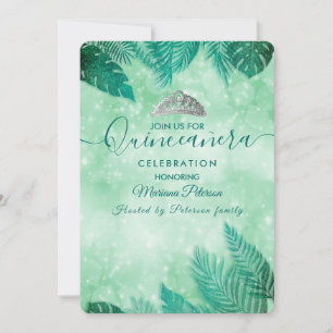 Tropical leaves green bokeh tiara Quinceañera  Invitation