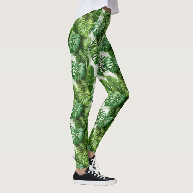 Tropical Leaves Green Botanical Pattern Leggings (Right)