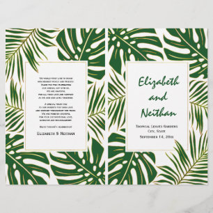 Tropical leaves green gold bi-fold wedding program