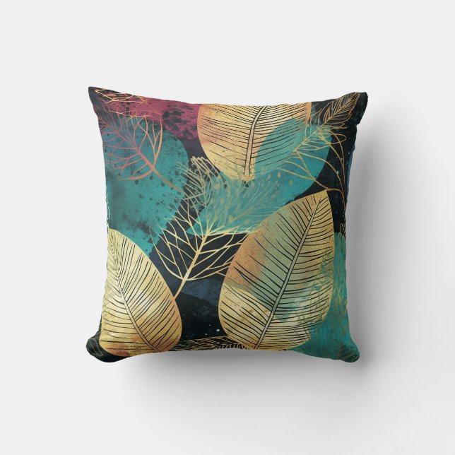 Tropical Leaves Green Gold Black Modern Cushion (Front)
