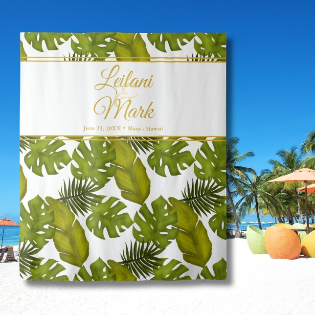 Tropical Leaves Green & Gold Bride Groom Backdrop Tapestry (Creator Uploaded)