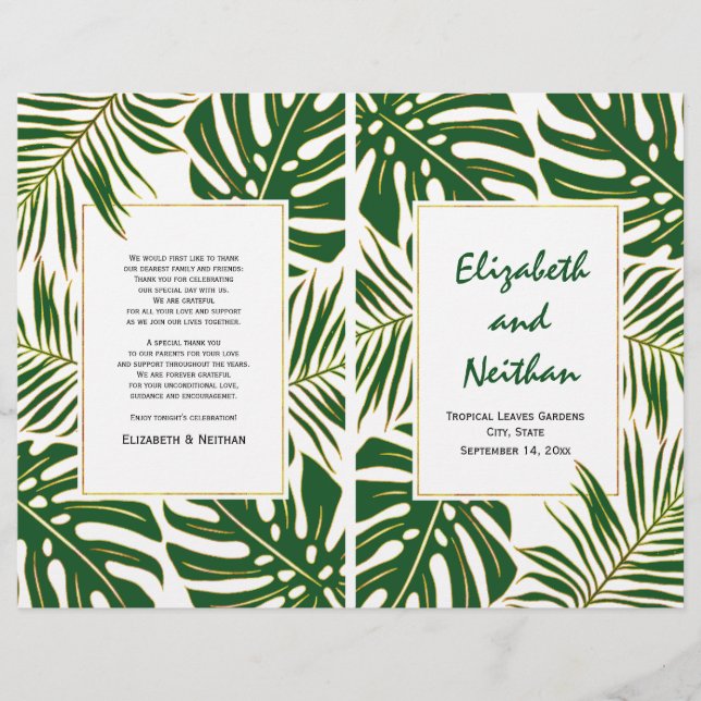 Tropical leaves green gold folded wedding program (Front)