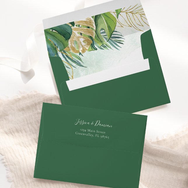 Tropical Leaves Green Gold Foliage Wedding Envelope (Creator Uploaded)