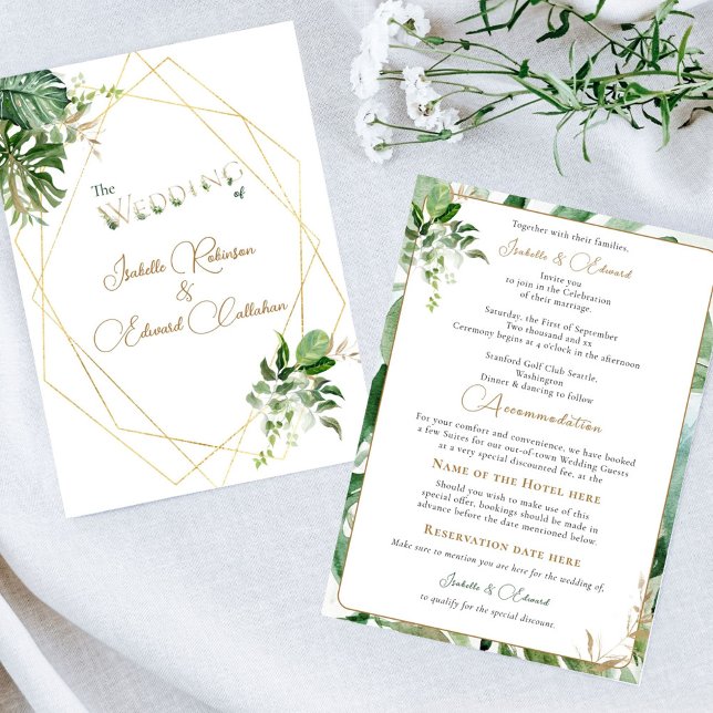 Tropical Leaves Green Gold Geometric Watercolor Invitation (Creator Uploaded)