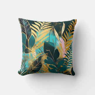 Tropical Leaves Green Gold Pink Modern Cushion