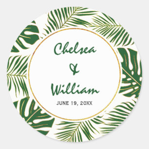 Tropical leaves green gold Save the Date wedding Classic Round Sticker