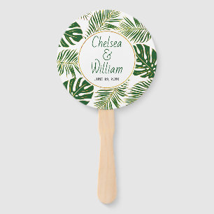 Tropical leaves green, gold wedding round hand fan