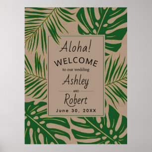 Tropical leaves green, gold wedding welcome sign