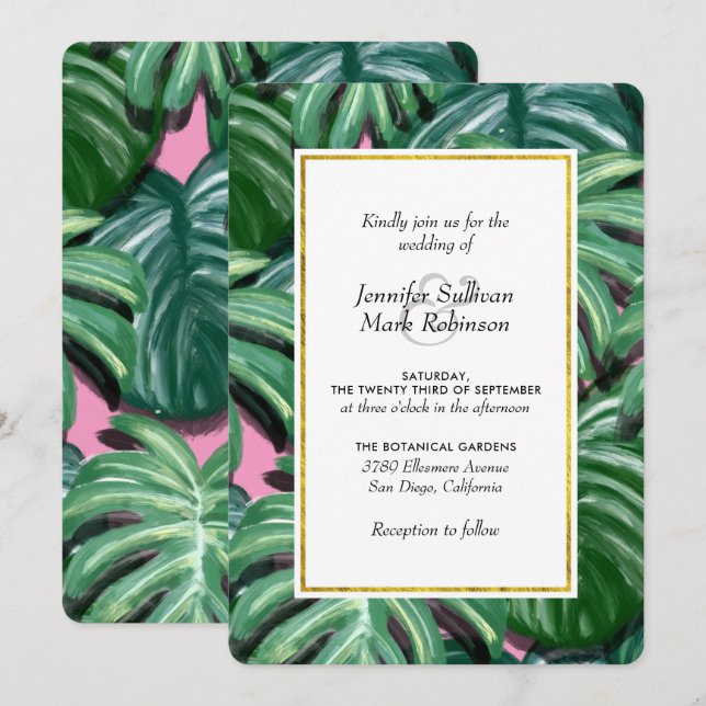 Tropical Leaves Green & Lush Wedding Invitation (Front/Back)