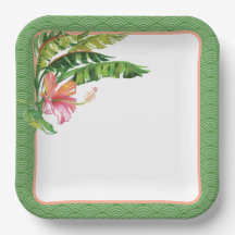 Tropical Leaves Green Pink Floral Paper Plate