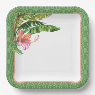 Tropical Leaves Green Pink Floral Paper Plate