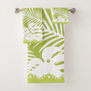 Tropical Leaves Green White Fancy Trim Bath Towel Set