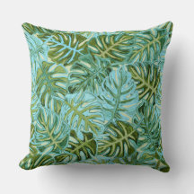 Tropical Leaves Green With Aqua Throw Pillow