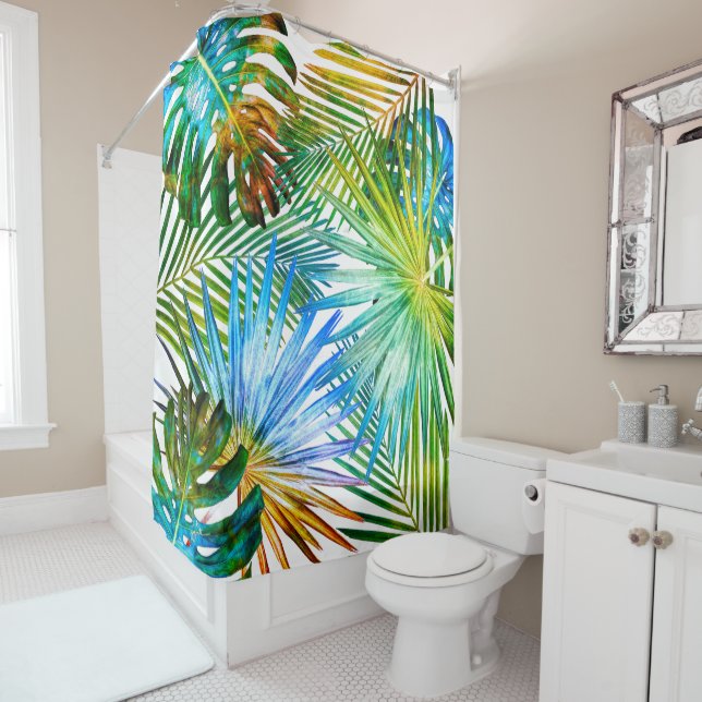 Tropical Leaves Greenery Botanical Photography Shower Curtain (In Situ)