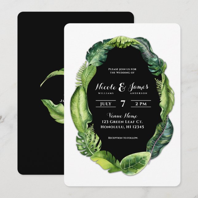 Tropical Leaves Greenery Classy Chic Wedding Invitation (Front/Back)