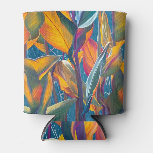 Tropical leaves, grunge concrete wall. can cooler (Front)