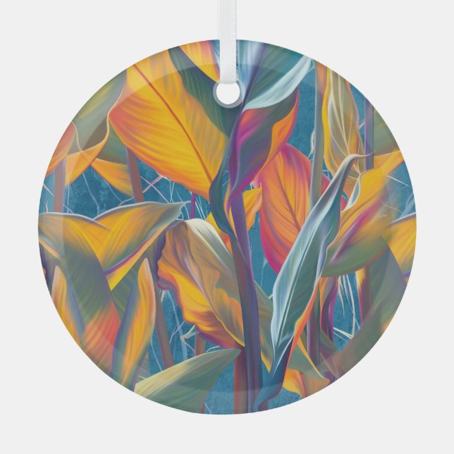 Tropical leaves, grunge concrete wall. glass tree decoration (Front)