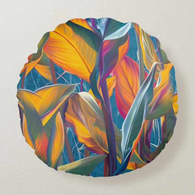 Tropical leaves, grunge concrete wall. round cushion (Front)