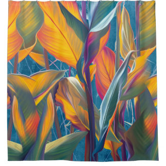 Tropical leaves, grunge concrete wall. shower curtain