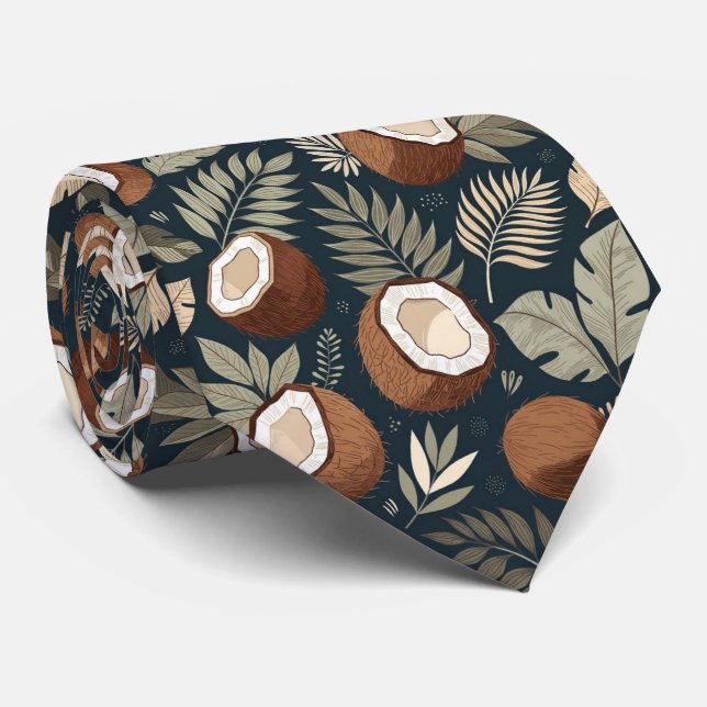 Tropical Leaves & Halved Coconuts Pattern Tie (Rolled)