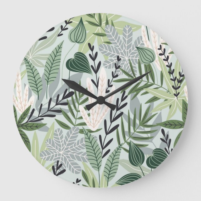 Tropical Leaves: Hand-Drawn Vintage Print. Large Clock (Front)