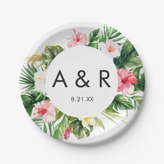Tropical Leaves Hawaii Wedding Monogram  Paper Plate (Front)