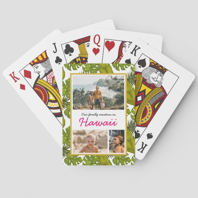 Tropical Leaves Hawaiian Family Vacation Photo Playing Cards (Back)