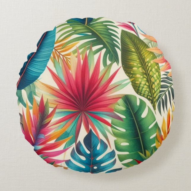 Tropical Leaves Hawaiian Pattern Round Cushion (Front)