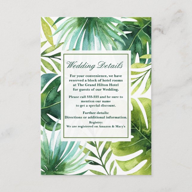 Tropical Leaves Hawaiian Summer Wedding Details Enclosure Card (Front)