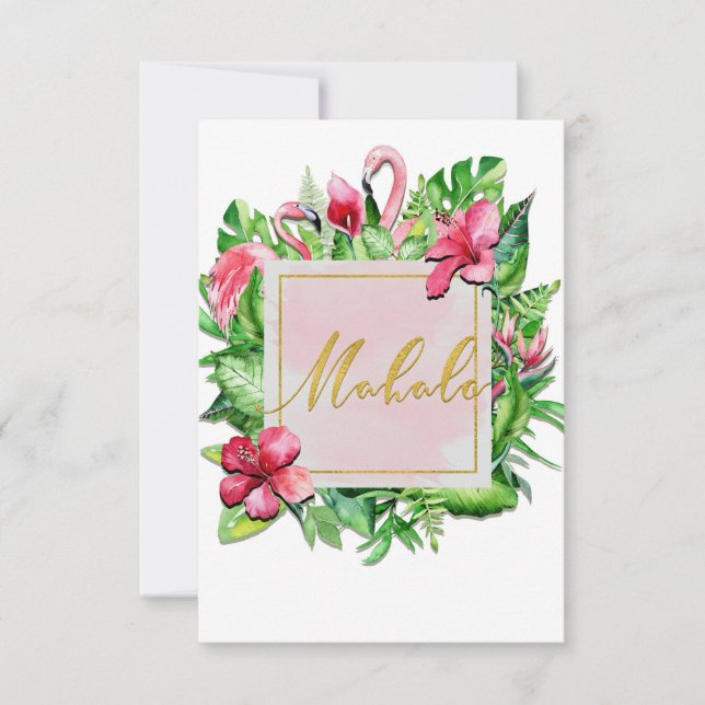 Tropical Leaves Hibiscus Flamingo Mahalo Thank You Card (Front)